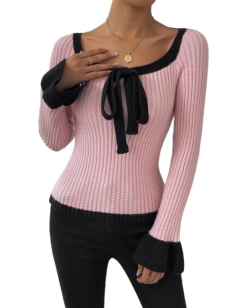 Women's Color Block Ribbed Knit Knot Front Cut Out Scoop Neck Sweater Pullover Pink $23.99 Sweaters