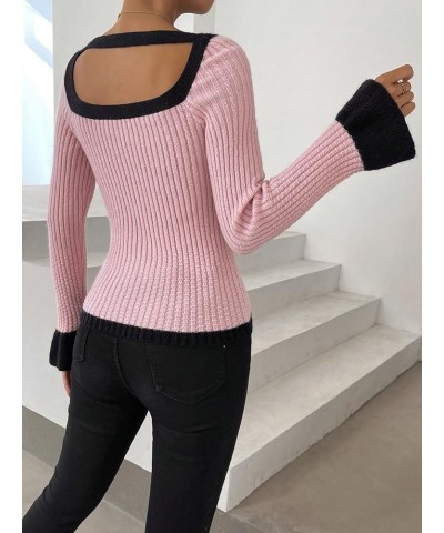 Women's Color Block Ribbed Knit Knot Front Cut Out Scoop Neck Sweater Pullover Pink $23.99 Sweaters