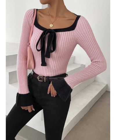 Women's Color Block Ribbed Knit Knot Front Cut Out Scoop Neck Sweater Pullover Pink $23.99 Sweaters