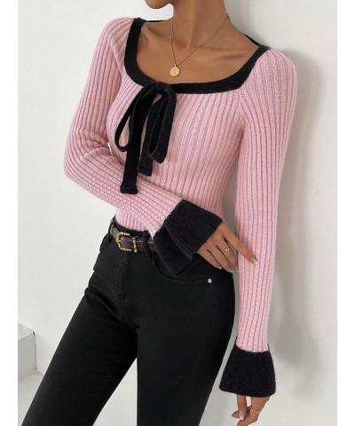 Women's Color Block Ribbed Knit Knot Front Cut Out Scoop Neck Sweater Pullover Pink $23.99 Sweaters