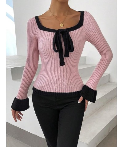 Women's Color Block Ribbed Knit Knot Front Cut Out Scoop Neck Sweater Pullover Pink $23.99 Sweaters