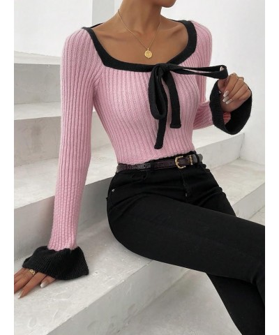 Women's Color Block Ribbed Knit Knot Front Cut Out Scoop Neck Sweater Pullover Pink $23.99 Sweaters