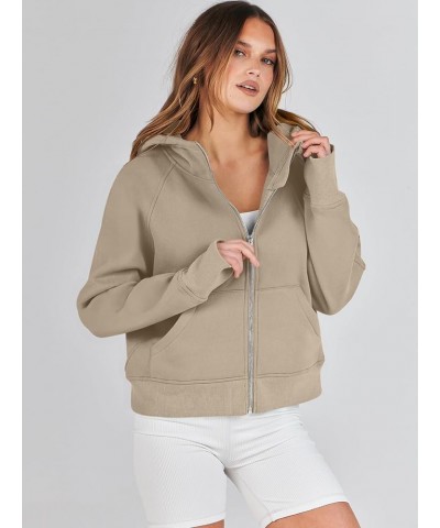 Women Hoodies Fleece Lined Full Zipper Sweatshirts Long Sleeve Crop Tops Clothes Sweater Thumb Hole Camel $20.39 Hoodies & Sw...