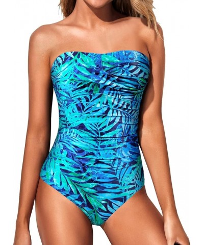 Womens Strapless One Piece Swimsuit Tummy Control Bandeau Bathing Suits Slimming Twist Front Swimwear Blue and Green Leaf $14...