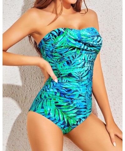 Womens Strapless One Piece Swimsuit Tummy Control Bandeau Bathing Suits Slimming Twist Front Swimwear Blue and Green Leaf $14...