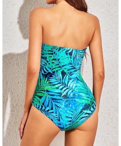 Womens Strapless One Piece Swimsuit Tummy Control Bandeau Bathing Suits Slimming Twist Front Swimwear Blue and Green Leaf $14...