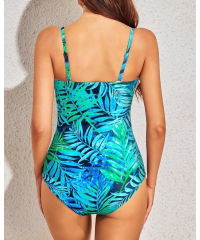 Womens Strapless One Piece Swimsuit Tummy Control Bandeau Bathing Suits Slimming Twist Front Swimwear Blue and Green Leaf $14...