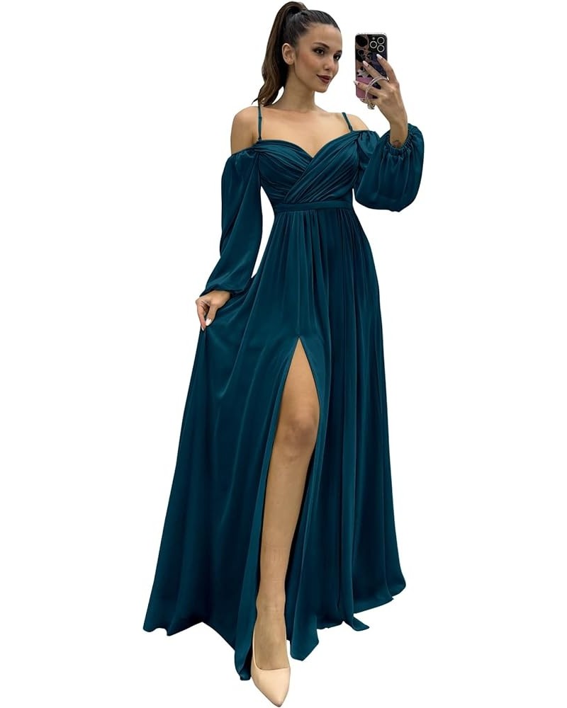 Off Shoulder Bridesmaid Dresses Long Sleeve Spaghetti Straps Empire Waist with Split Formal Wedding Guest Gown Peacock $27.00...