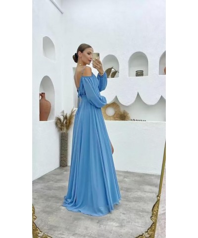 Off Shoulder Bridesmaid Dresses Long Sleeve Spaghetti Straps Empire Waist with Split Formal Wedding Guest Gown Peacock $27.00...