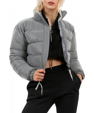 Women Colorful Patent Leather Down Jacket Long Sleeve Stand Collar Quilted Puffer Jackets Cropped Outwear B-silver Gray $17.1...