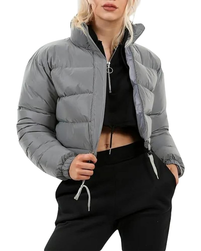 Women Colorful Patent Leather Down Jacket Long Sleeve Stand Collar Quilted Puffer Jackets Cropped Outwear B-silver Gray $17.1...