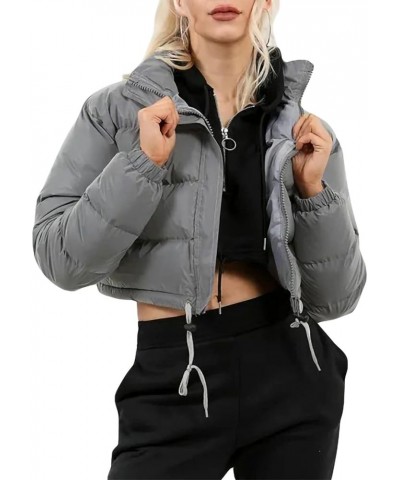 Women Colorful Patent Leather Down Jacket Long Sleeve Stand Collar Quilted Puffer Jackets Cropped Outwear B-silver Gray $17.1...