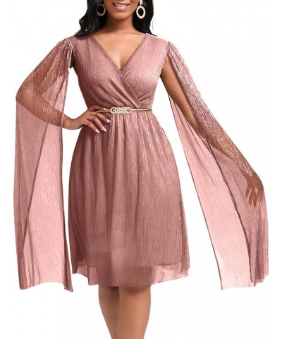 Women's Glitter Mesh Wrap V Neck Cloak Sleeve Cocktail Midi Dress with Belt Pink $27.99 Dresses