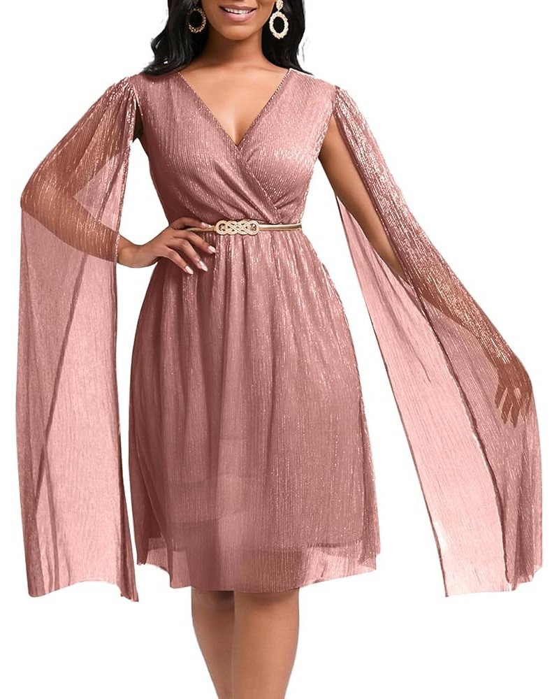 Women's Glitter Mesh Wrap V Neck Cloak Sleeve Cocktail Midi Dress with Belt Pink $27.99 Dresses