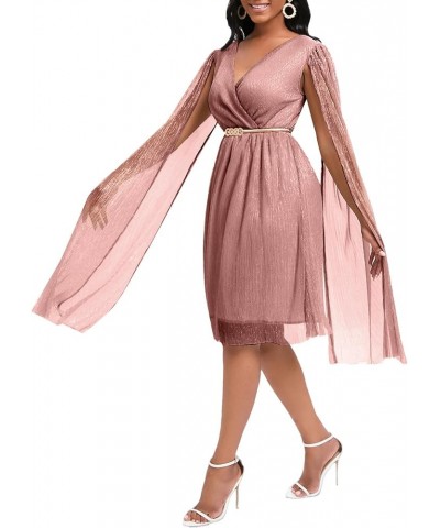 Women's Glitter Mesh Wrap V Neck Cloak Sleeve Cocktail Midi Dress with Belt Pink $27.99 Dresses