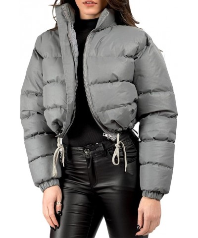 Women Colorful Patent Leather Down Jacket Long Sleeve Stand Collar Quilted Puffer Jackets Cropped Outwear B-silver Gray $17.1...