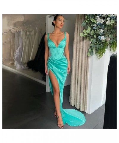 Women's Satin Mermaid Prom Dresses Long Spaghetti Straps V Neck Pleated Formal Evening Party Gowns with Slit Coral $28.80 Dre...