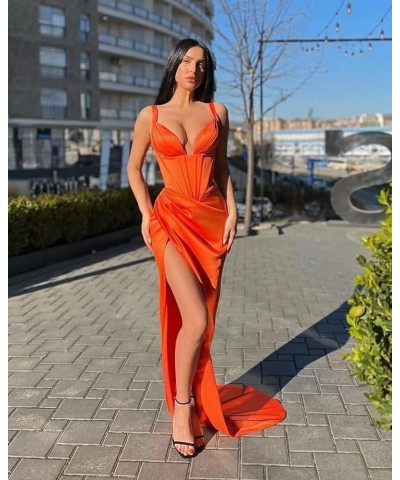 Women's Satin Mermaid Prom Dresses Long Spaghetti Straps V Neck Pleated Formal Evening Party Gowns with Slit Coral $28.80 Dre...