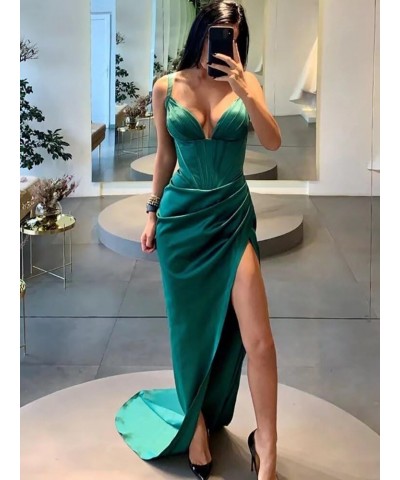 Women's Satin Mermaid Prom Dresses Long Spaghetti Straps V Neck Pleated Formal Evening Party Gowns with Slit Coral $28.80 Dre...