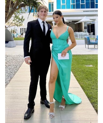 Women's Satin Mermaid Prom Dresses Long Spaghetti Straps V Neck Pleated Formal Evening Party Gowns with Slit Coral $28.80 Dre...