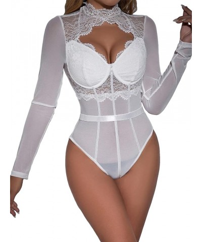 Women's Stand Collar Contrast Lace Long Sleeve Cut Out Mesh Bodysuit White $15.59 Bodysuits