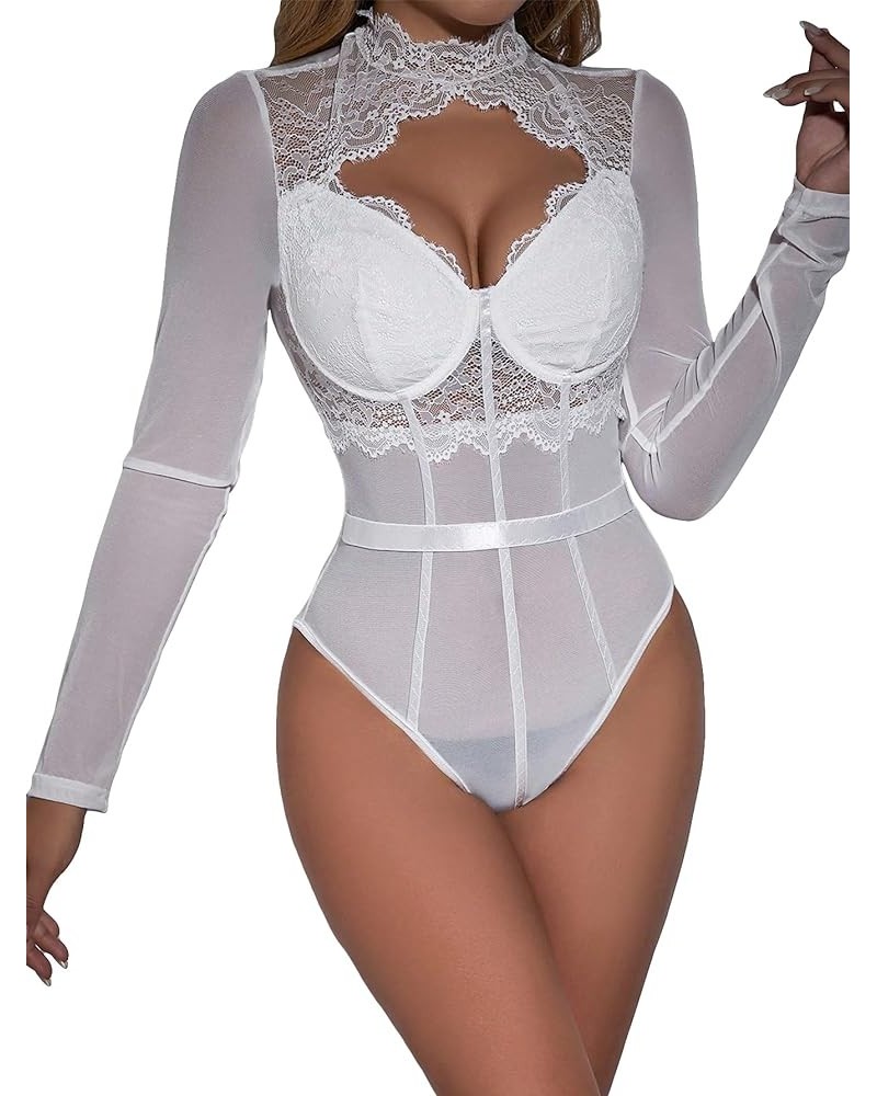 Women's Stand Collar Contrast Lace Long Sleeve Cut Out Mesh Bodysuit White $15.59 Bodysuits