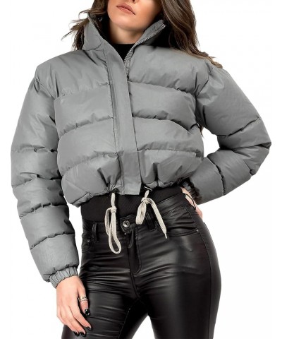 Women Colorful Patent Leather Down Jacket Long Sleeve Stand Collar Quilted Puffer Jackets Cropped Outwear B-silver Gray $17.1...