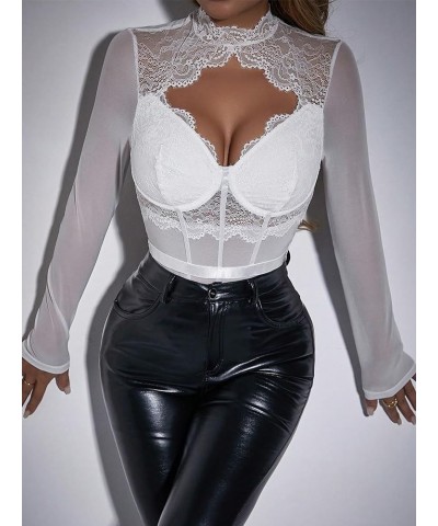 Women's Stand Collar Contrast Lace Long Sleeve Cut Out Mesh Bodysuit White $15.59 Bodysuits