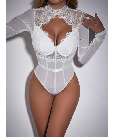 Women's Stand Collar Contrast Lace Long Sleeve Cut Out Mesh Bodysuit White $15.59 Bodysuits