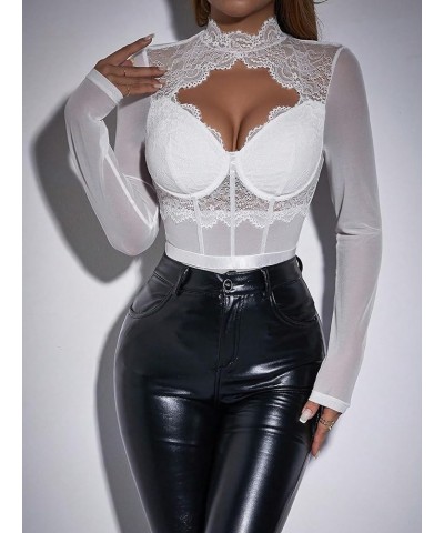 Women's Stand Collar Contrast Lace Long Sleeve Cut Out Mesh Bodysuit White $15.59 Bodysuits