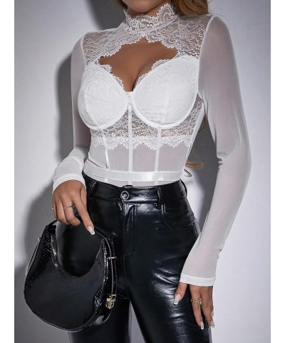 Women's Stand Collar Contrast Lace Long Sleeve Cut Out Mesh Bodysuit White $15.59 Bodysuits