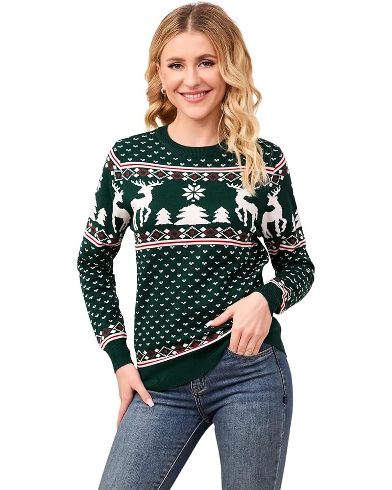 Family Christmas Sweater Crew Neck Reindeer Snowflakes Knitted Pullover for Women/Men/Kids Women B_women_green $8.00 Sweaters