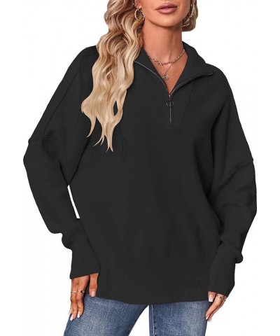 Women's 1/4 Zipper Long Sleeve Sweater Oversized Slouchy Drop Shoulder Pullover Tunic Sweater Loose Top with Slit Black $26.5...