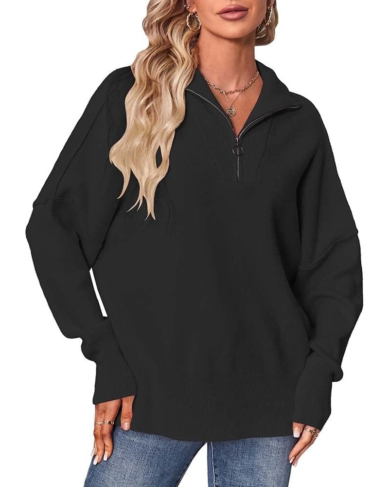 Women's 1/4 Zipper Long Sleeve Sweater Oversized Slouchy Drop Shoulder Pullover Tunic Sweater Loose Top with Slit Black $26.5...