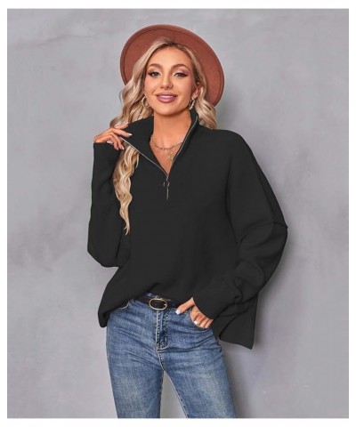 Women's 1/4 Zipper Long Sleeve Sweater Oversized Slouchy Drop Shoulder Pullover Tunic Sweater Loose Top with Slit Black $26.5...