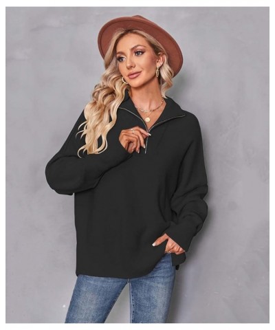 Women's 1/4 Zipper Long Sleeve Sweater Oversized Slouchy Drop Shoulder Pullover Tunic Sweater Loose Top with Slit Black $26.5...