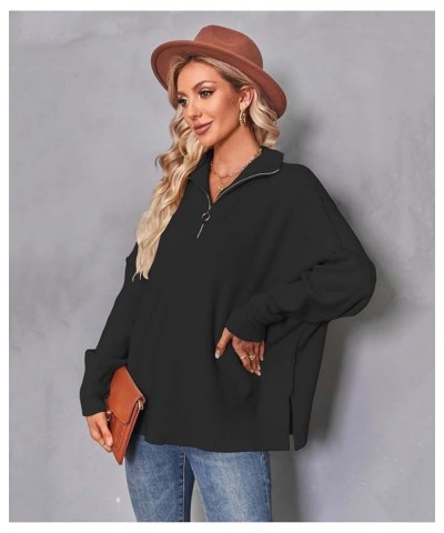 Women's 1/4 Zipper Long Sleeve Sweater Oversized Slouchy Drop Shoulder Pullover Tunic Sweater Loose Top with Slit Black $26.5...