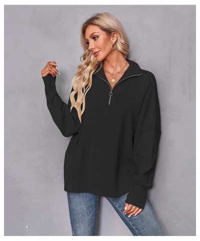 Women's 1/4 Zipper Long Sleeve Sweater Oversized Slouchy Drop Shoulder Pullover Tunic Sweater Loose Top with Slit Black $26.5...