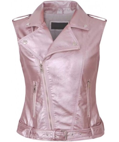 Womens Motorcycle Biker Faux Leather Sleeveless Vest Jacket Slant Zip with Pockets Pink $23.19 Coats