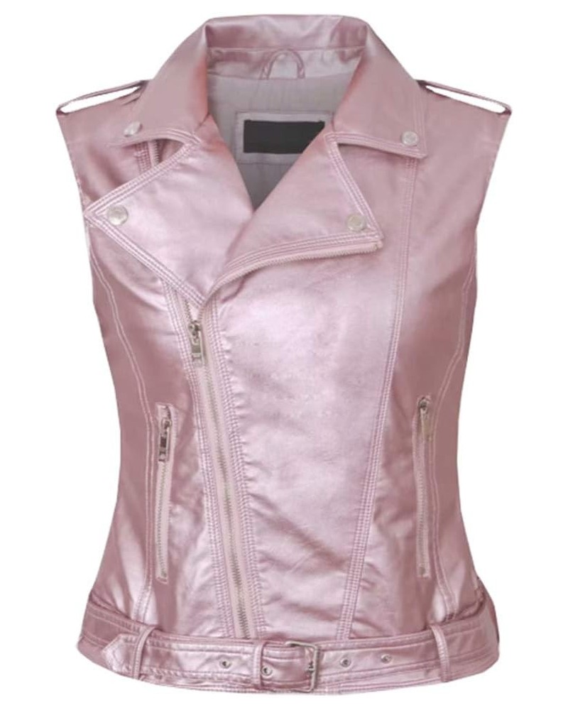 Womens Motorcycle Biker Faux Leather Sleeveless Vest Jacket Slant Zip with Pockets Pink $23.19 Coats