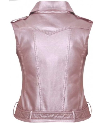 Womens Motorcycle Biker Faux Leather Sleeveless Vest Jacket Slant Zip with Pockets Pink $23.19 Coats