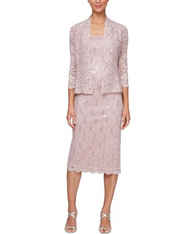 Women's Tea Length Sequin Lace Dress with Illusion Sleeve Jacket Blush $67.76 Dresses