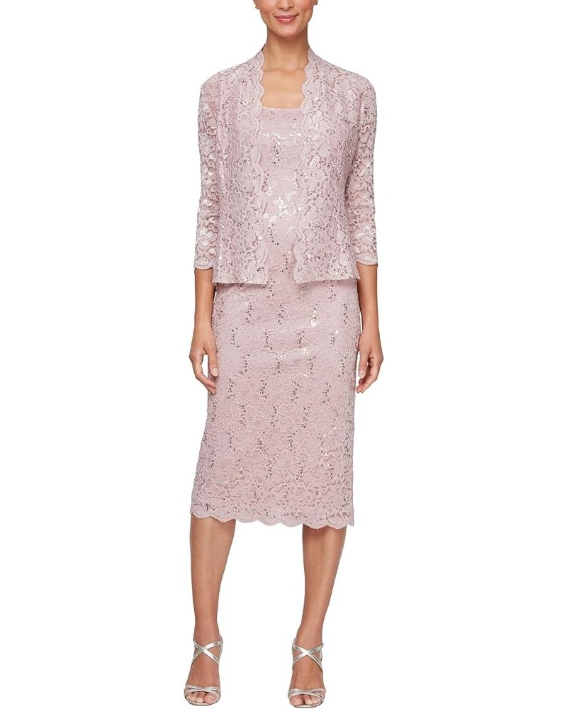 Women's Tea Length Sequin Lace Dress with Illusion Sleeve Jacket Blush $67.76 Dresses