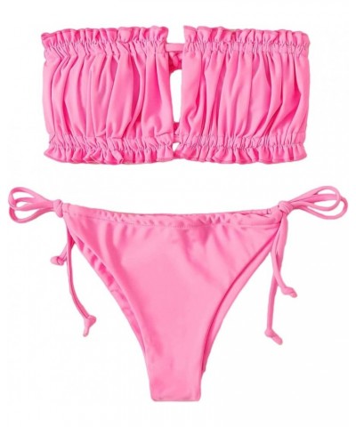 Women's Tie Back Ruched Bandeau with Cheeky Thong Bikini Bathing Suit Pink $13.50 Swimsuits