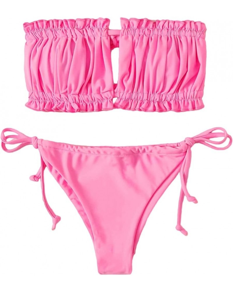 Women's Tie Back Ruched Bandeau with Cheeky Thong Bikini Bathing Suit Pink $13.50 Swimsuits