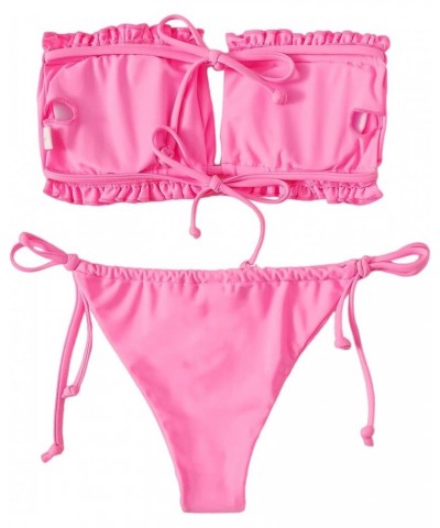 Women's Tie Back Ruched Bandeau with Cheeky Thong Bikini Bathing Suit Pink $13.50 Swimsuits