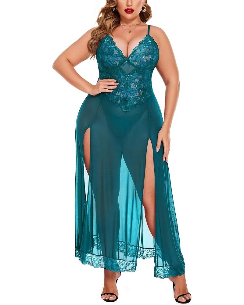 Plus Size Lingerie For Women Babydoll Sexy Mesh Maxi Nightdress Strappy Exotic Sleepwear Side Slits Blue Green $10.21 Lingerie