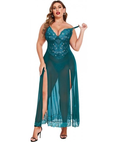 Plus Size Lingerie For Women Babydoll Sexy Mesh Maxi Nightdress Strappy Exotic Sleepwear Side Slits Blue Green $10.21 Lingerie