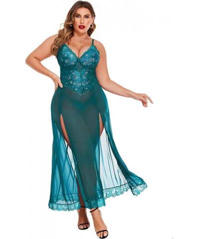 Plus Size Lingerie For Women Babydoll Sexy Mesh Maxi Nightdress Strappy Exotic Sleepwear Side Slits Blue Green $10.21 Lingerie