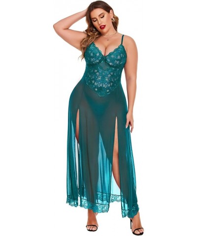 Plus Size Lingerie For Women Babydoll Sexy Mesh Maxi Nightdress Strappy Exotic Sleepwear Side Slits Blue Green $10.21 Lingerie